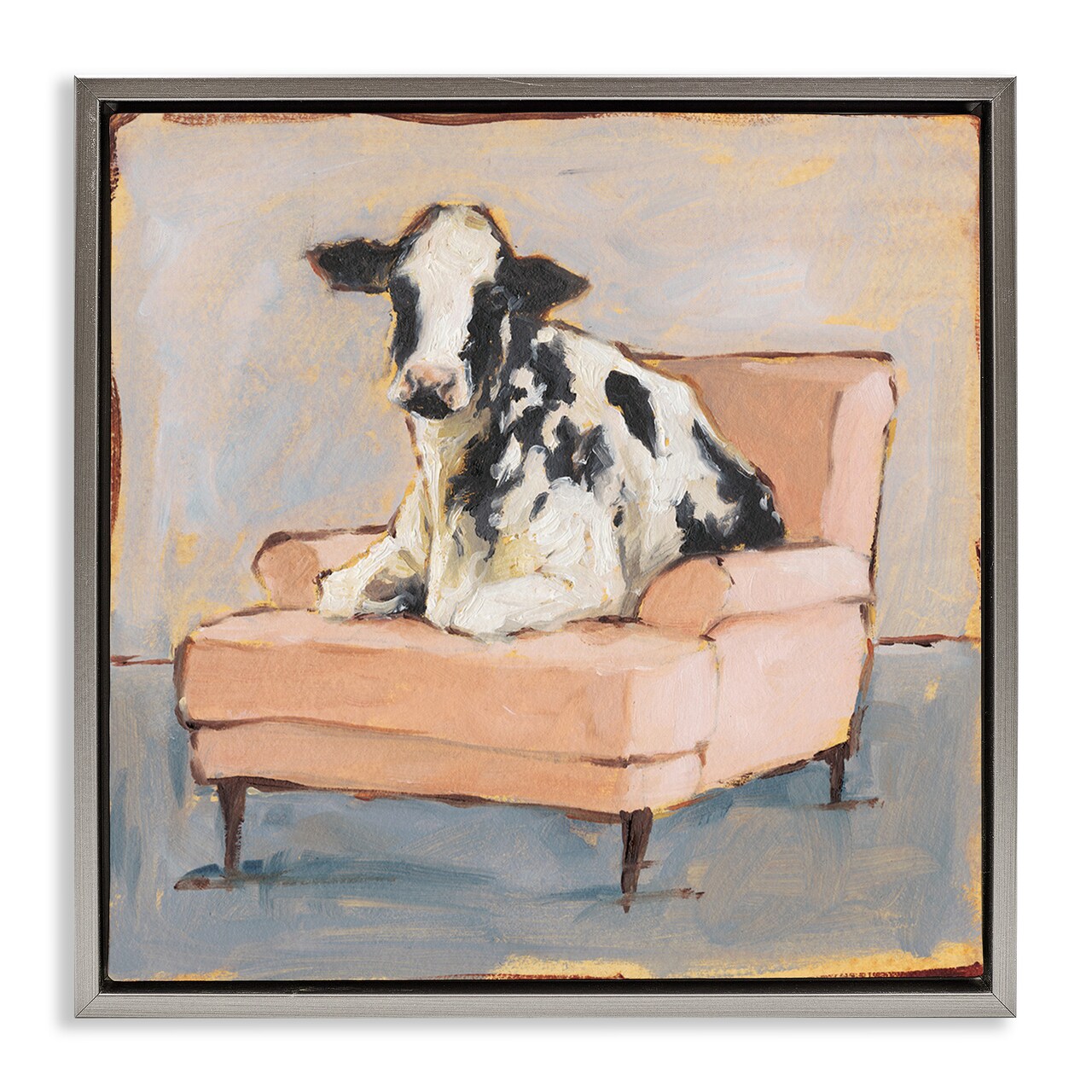 Stupell Industries Baby Cow on Pink Couch Framed Floater Canvas Wall Art